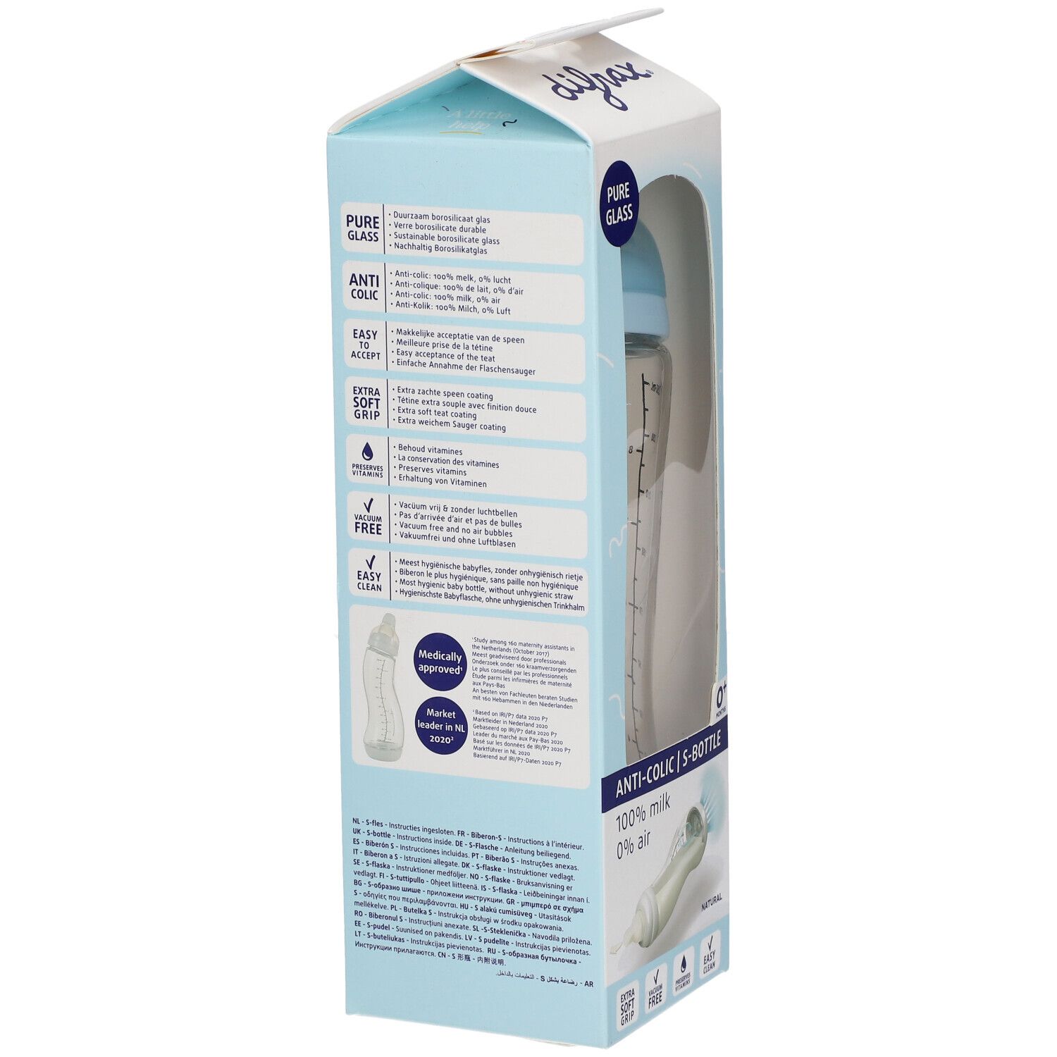 Emballage du biberon S Glas Natural Bleu. Texte : Pure Glass, Anti-Colic, Easy Accept, Extra Soft Grip, sans BPA, Easy Clean.