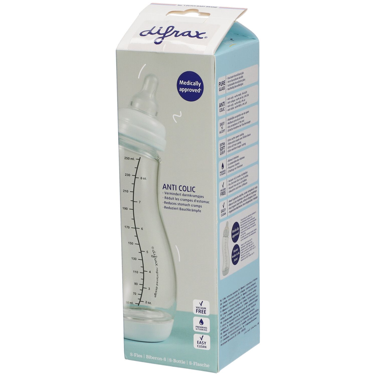Biberon S Glas Natural Bleu dans son emballage. Avec bouchon blanc et corps transparent. Texte : Anti-Colic, 250 ml.