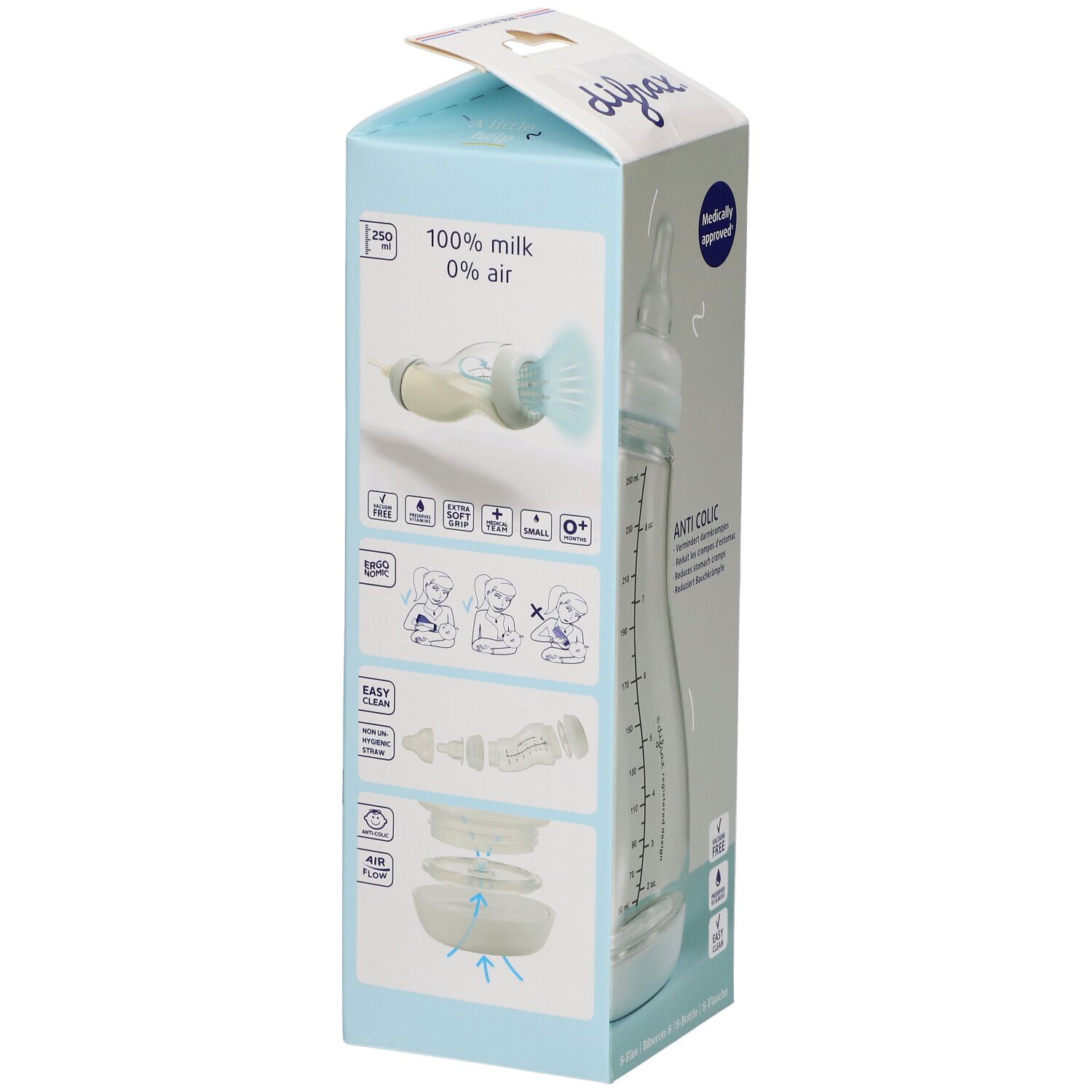 Emballage du biberon S Glas Natural Bleu. Texte : 100% milk 0% air, Anti-Colic, 250 ml, Medically approved. Illustrations.