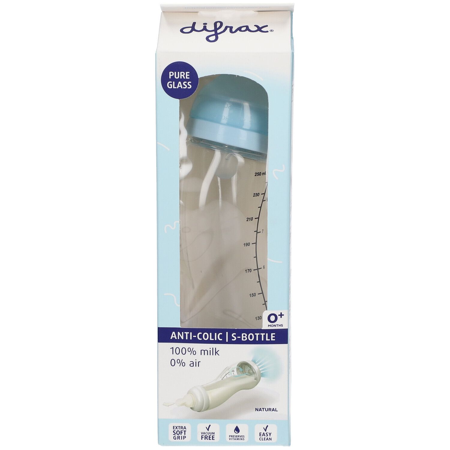 Biberon S Glas Natural Bleu 0+ mois dans son emballage. Avec bouchon bleu et corps transparent. Texte : Anti-Colic.