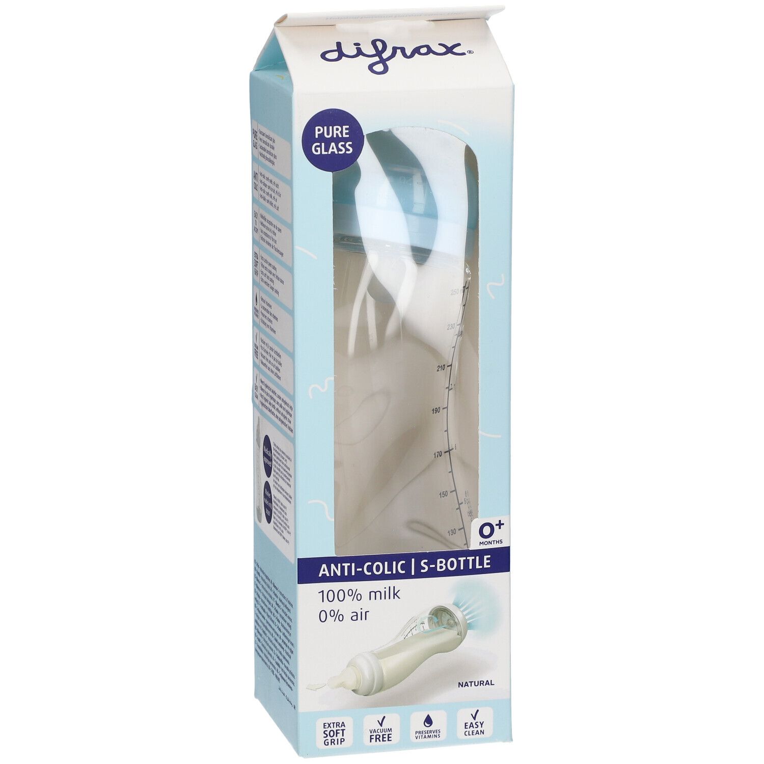 Biberon S Glas Natural Bleu 0+ mois dans son emballage. Avec bouchon bleu et corps transparent. Texte : Anti-Colic.