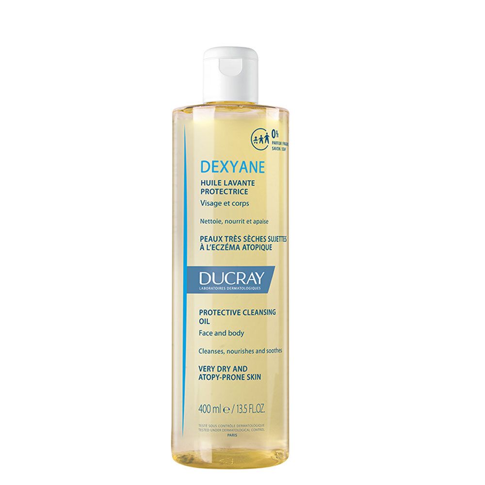 Fles Dexyane Huile Lavante Protectrice. Heldere vloeistof, witte dop. Tekst: Gezicht en lichaam, zeer droge huid.