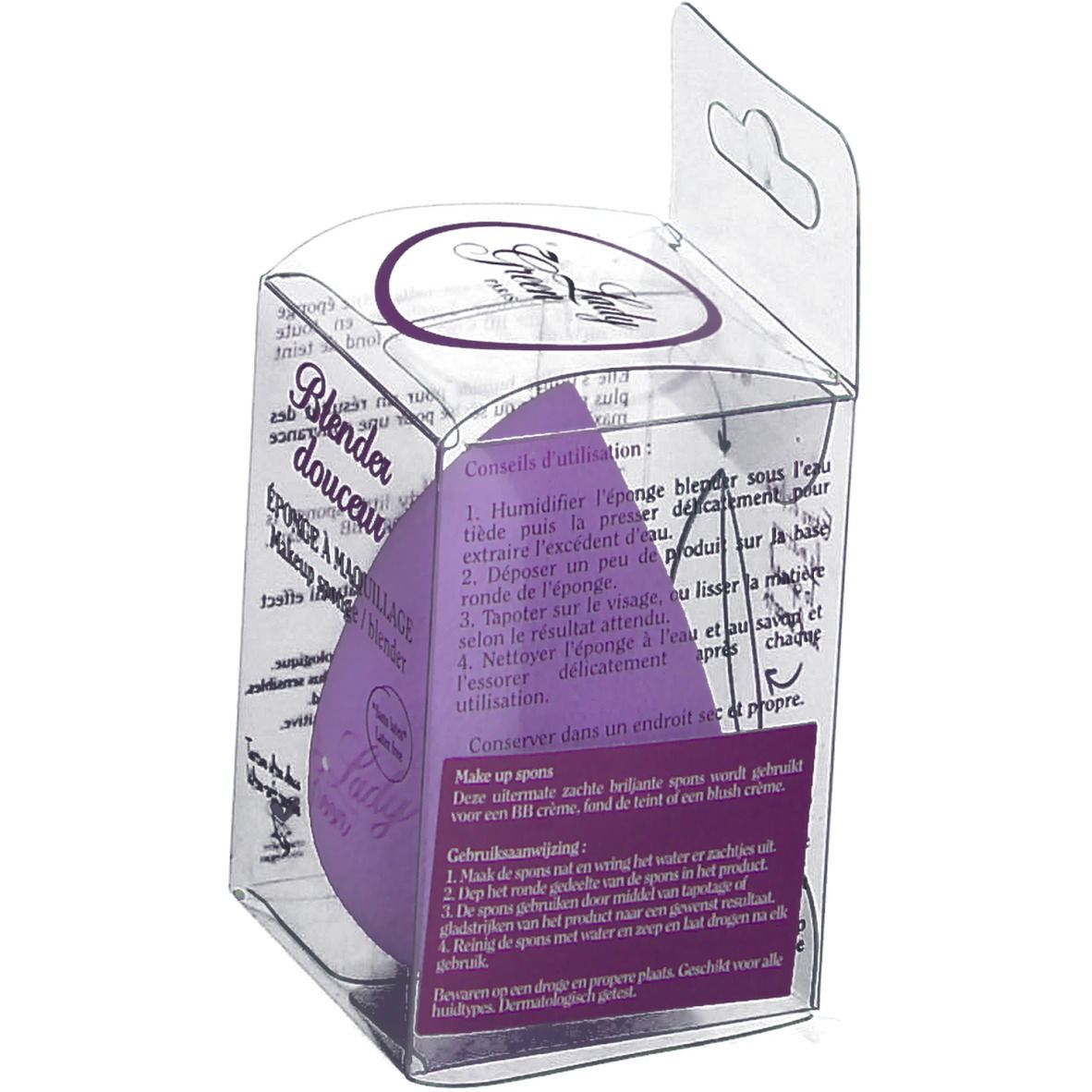 Éponge à maquillage violette dans un emballage transparent. Nom du produit et instructions d'utilisation visibles.