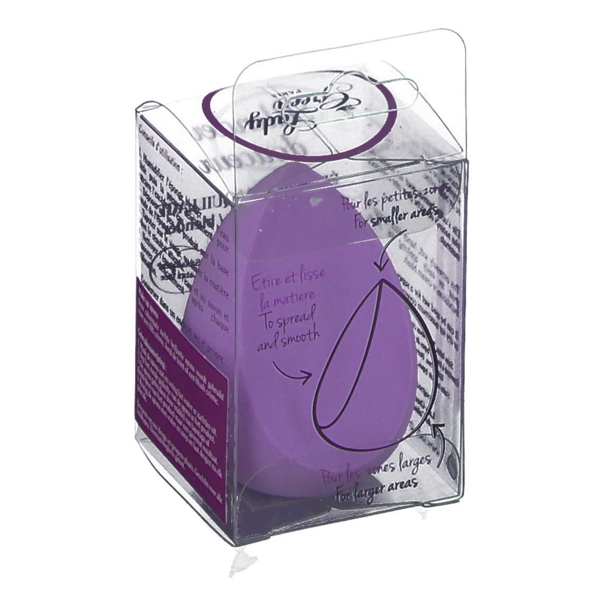Éponge à maquillage violette dans un emballage transparent. Nom du produit et zones d'application visibles.