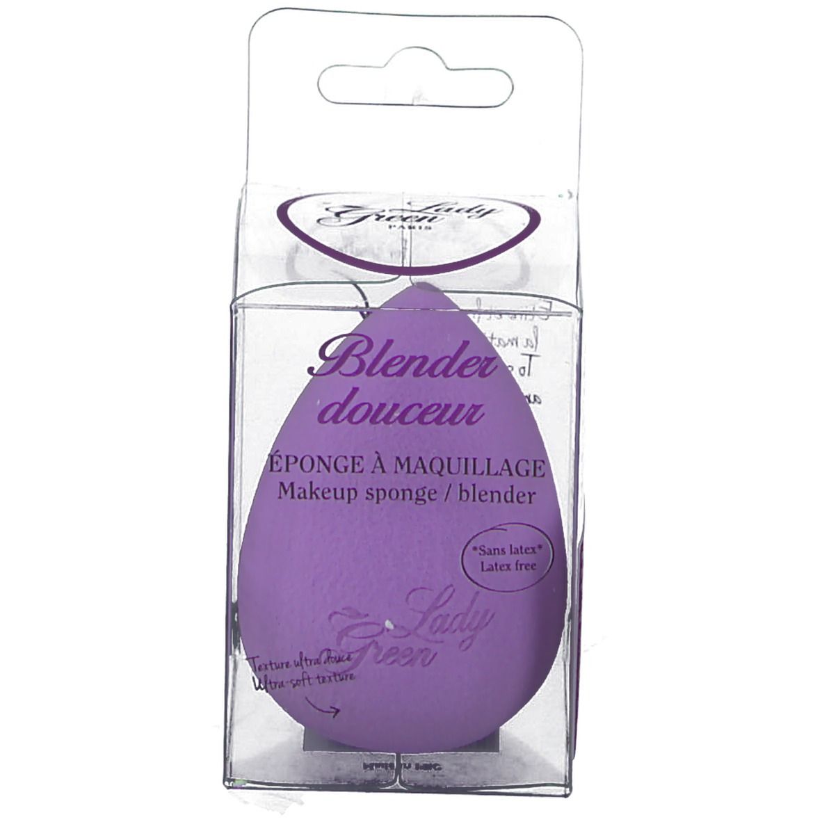 Éponge à maquillage violette dans un emballage transparent. Nom du produit et texte 'Sans latex' visibles.