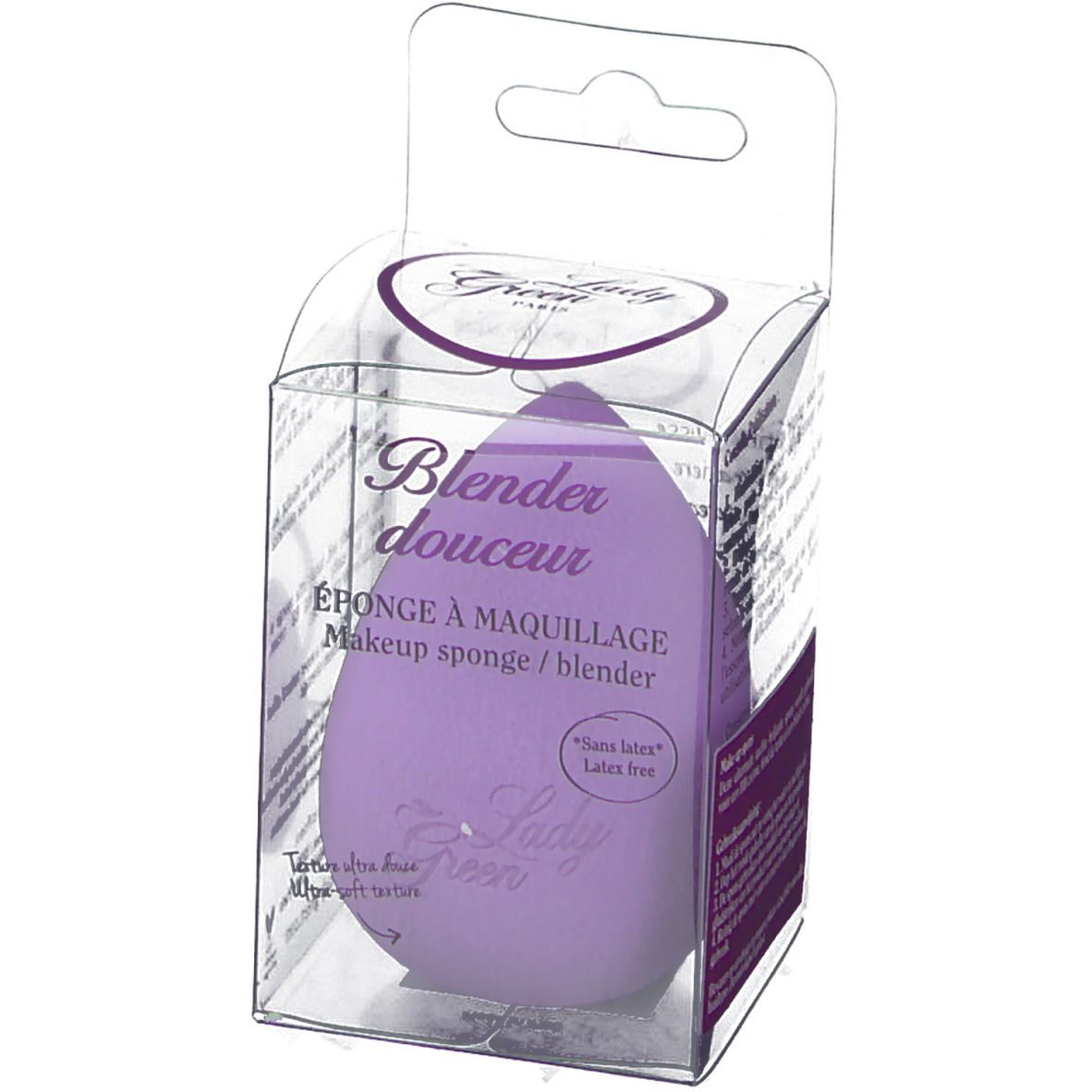 Éponge à maquillage violette dans un emballage transparent. Nom du produit et texte 'Sans latex' visibles.