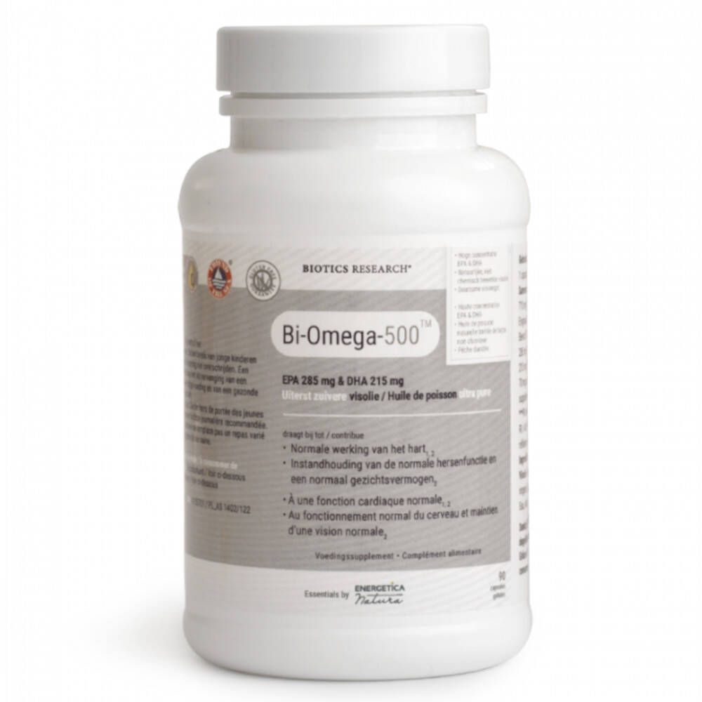Weiße Flasche mit Biotics Research Bi-Omega-500. Etikett mit Produktinformationen und Logos.