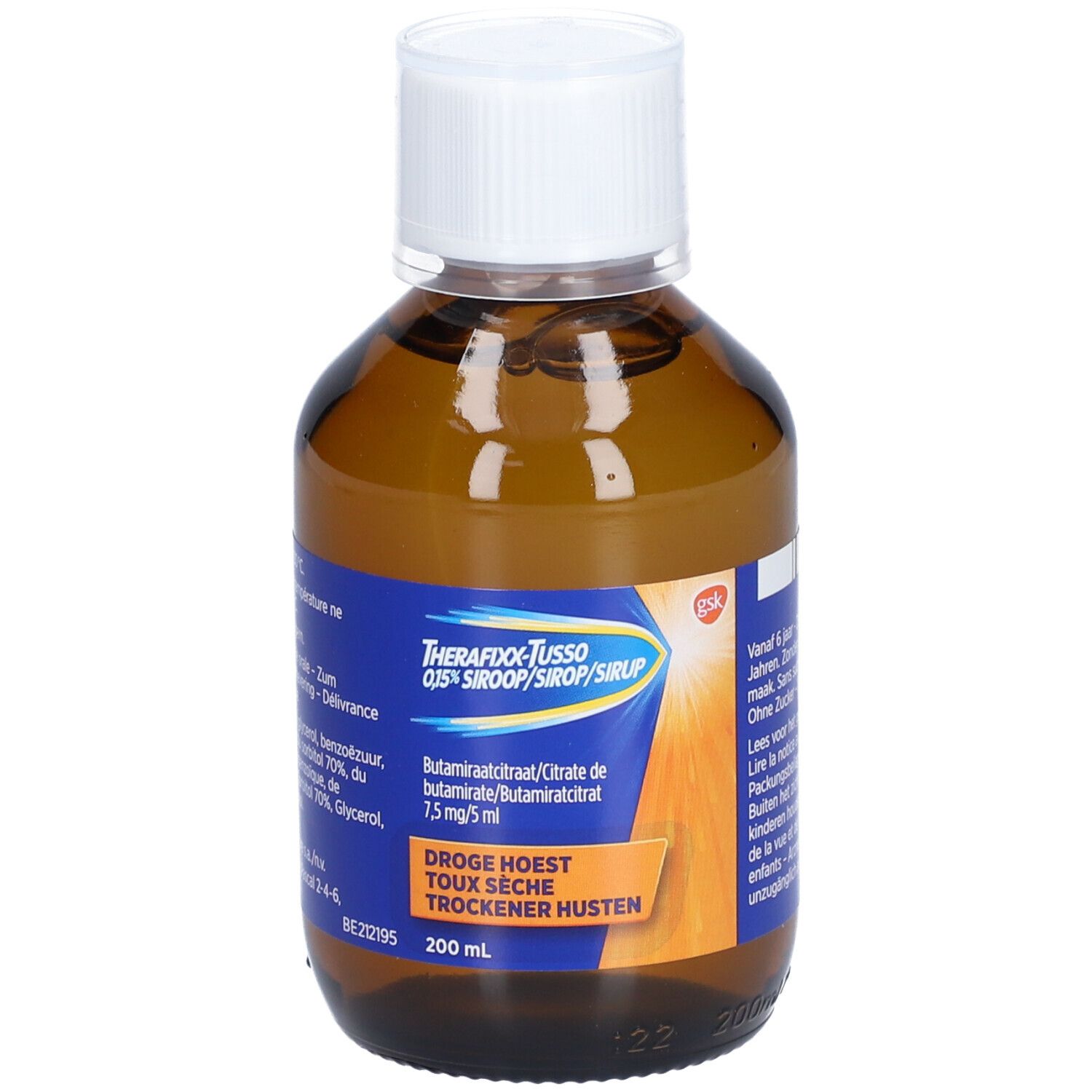 Bruine fles met witte dop. Etiket met productnaam en ingrediënten. Vloeistof zichtbaar.