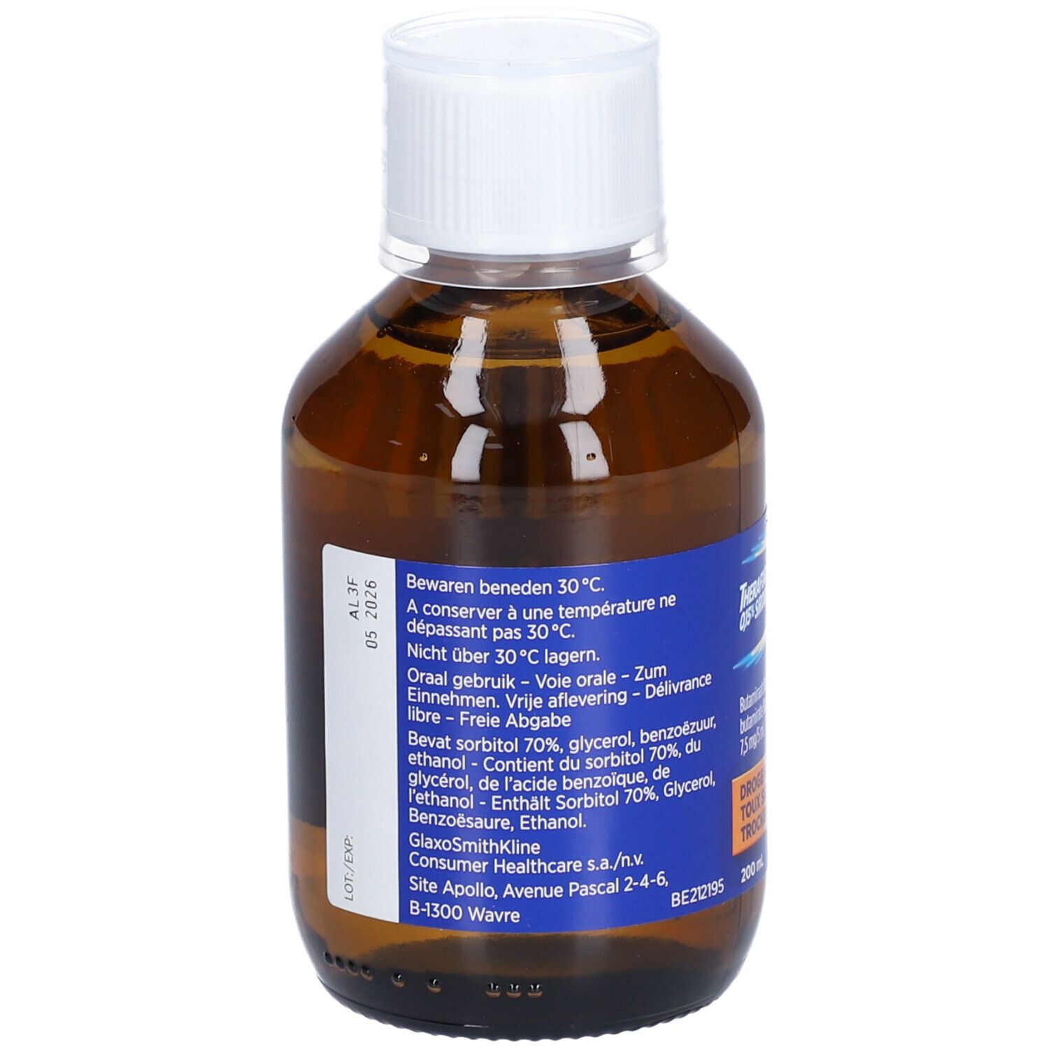 Achterkant bruine fles met witte dop. Etiket met ingrediënten en fabrikantinfo.