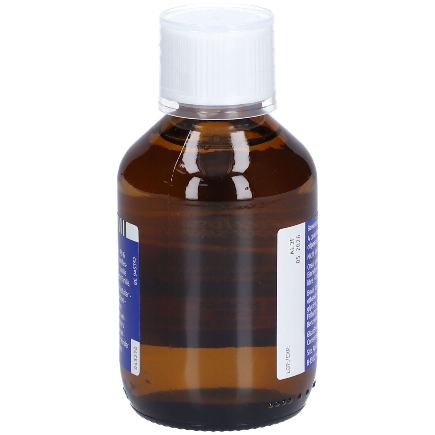 Achteraanzicht bruine fles met witte dop. Etiket met ingrediënten en fabrikantinfo.