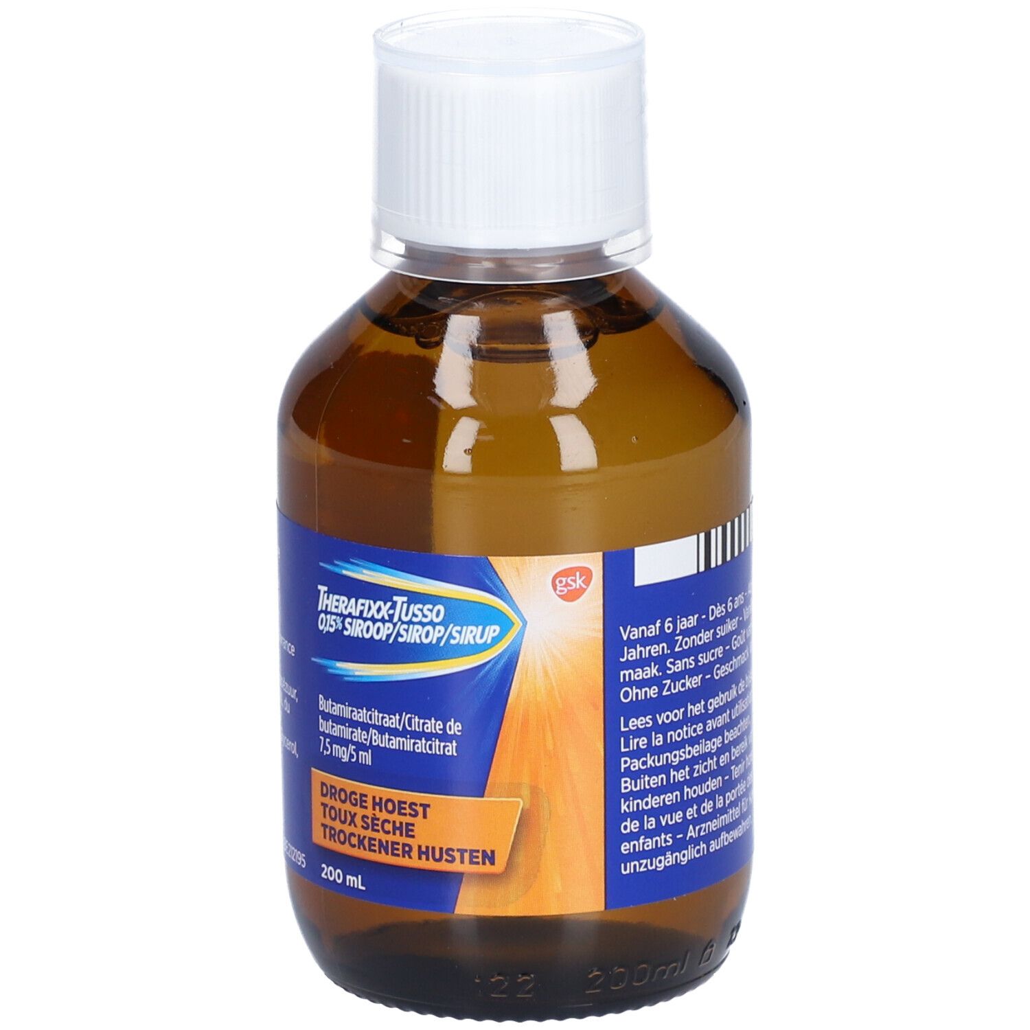 Bruine fles met witte dop. Etiket met productnaam en ingrediënten. 200 ml.