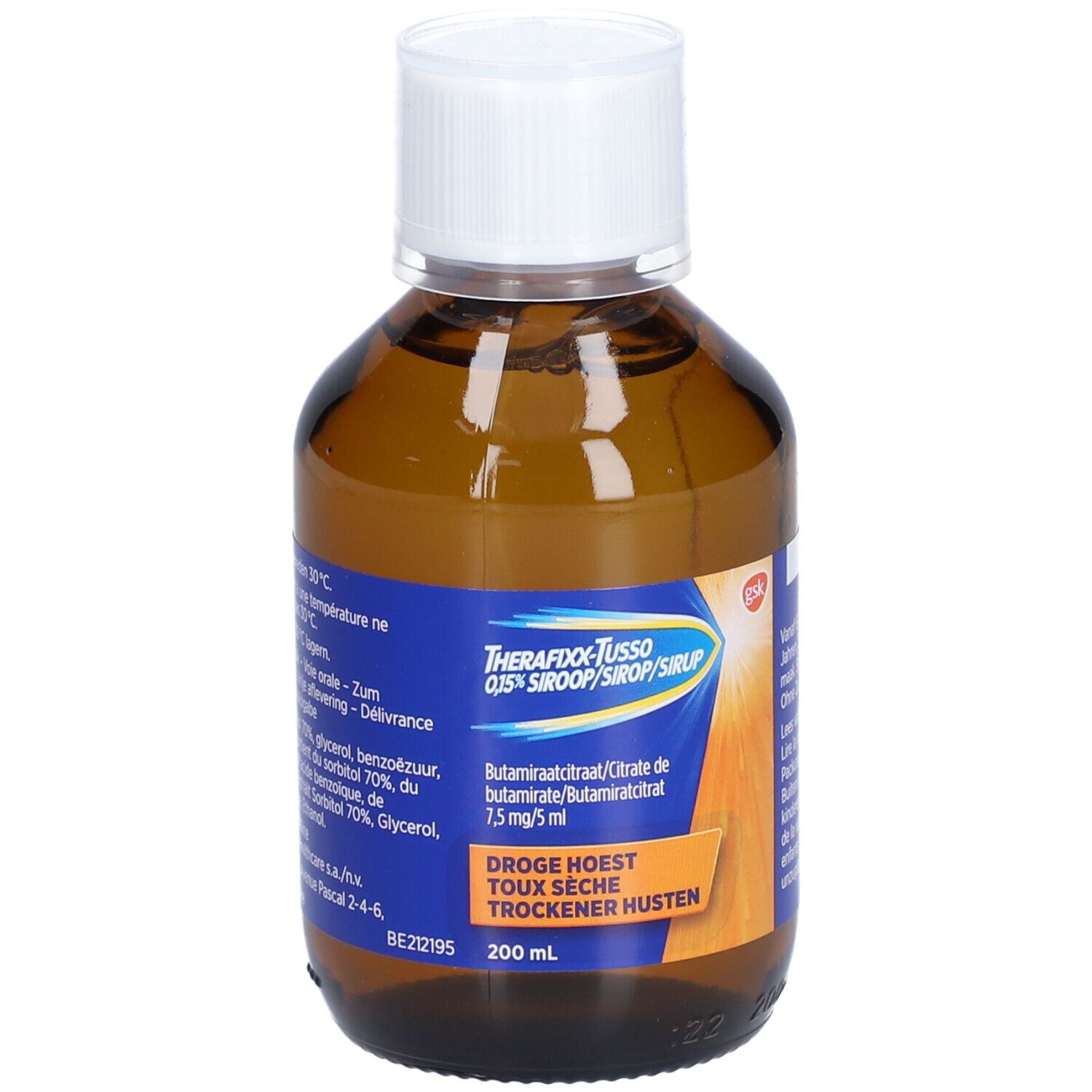 Bruine fles met witte dop. Etiket met productnaam en ingrediënten. 200 ml.