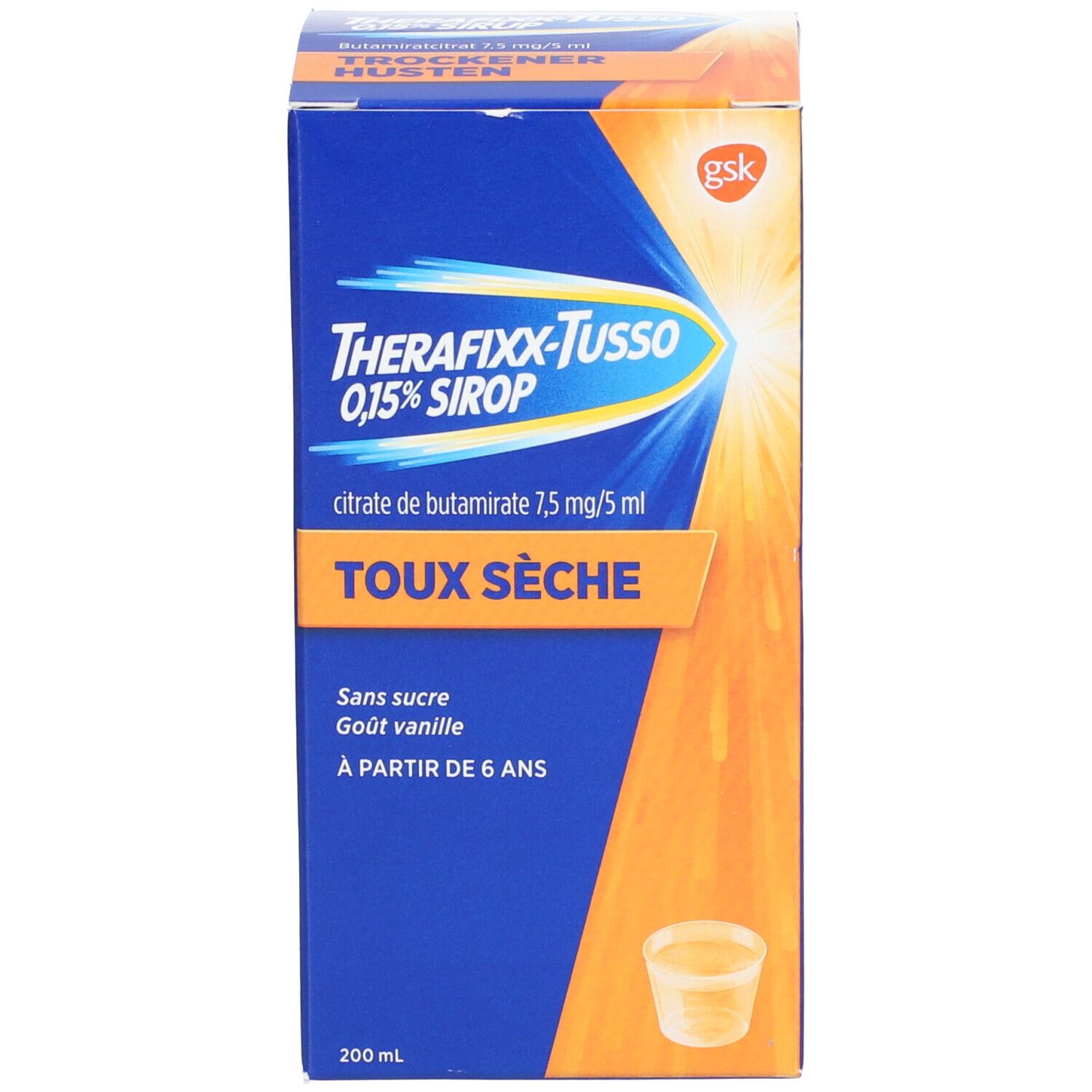Blauwe doos met productnaam en ingrediënten. Bevat fles en maatbeker.