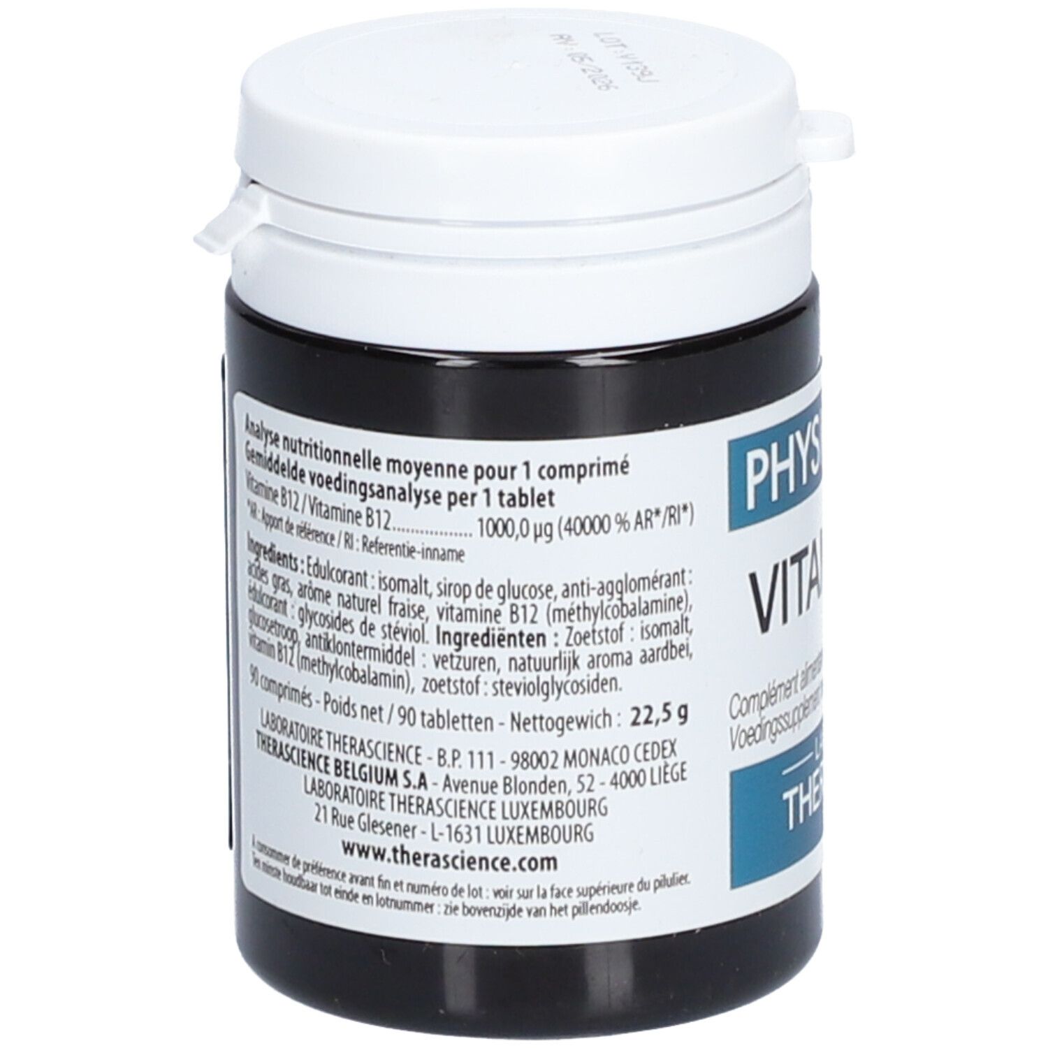Boîte noire avec couvercle blanc. Inscription: PHYSIOMANCE VITAMINE B12. Contient 90 comprimés. Laboratoire Therascience. Ingrédients au dos.