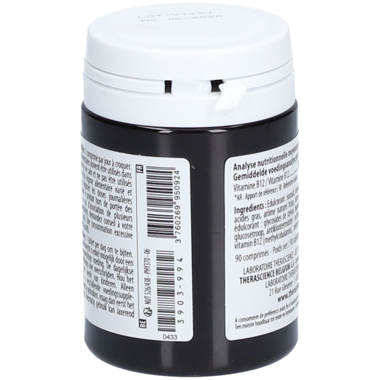 Boîte noire avec couvercle blanc. Inscription: PHYSIOMANCE VITAMINE B12. Contient 90 comprimés. Laboratoire Therascience. Code-barres.