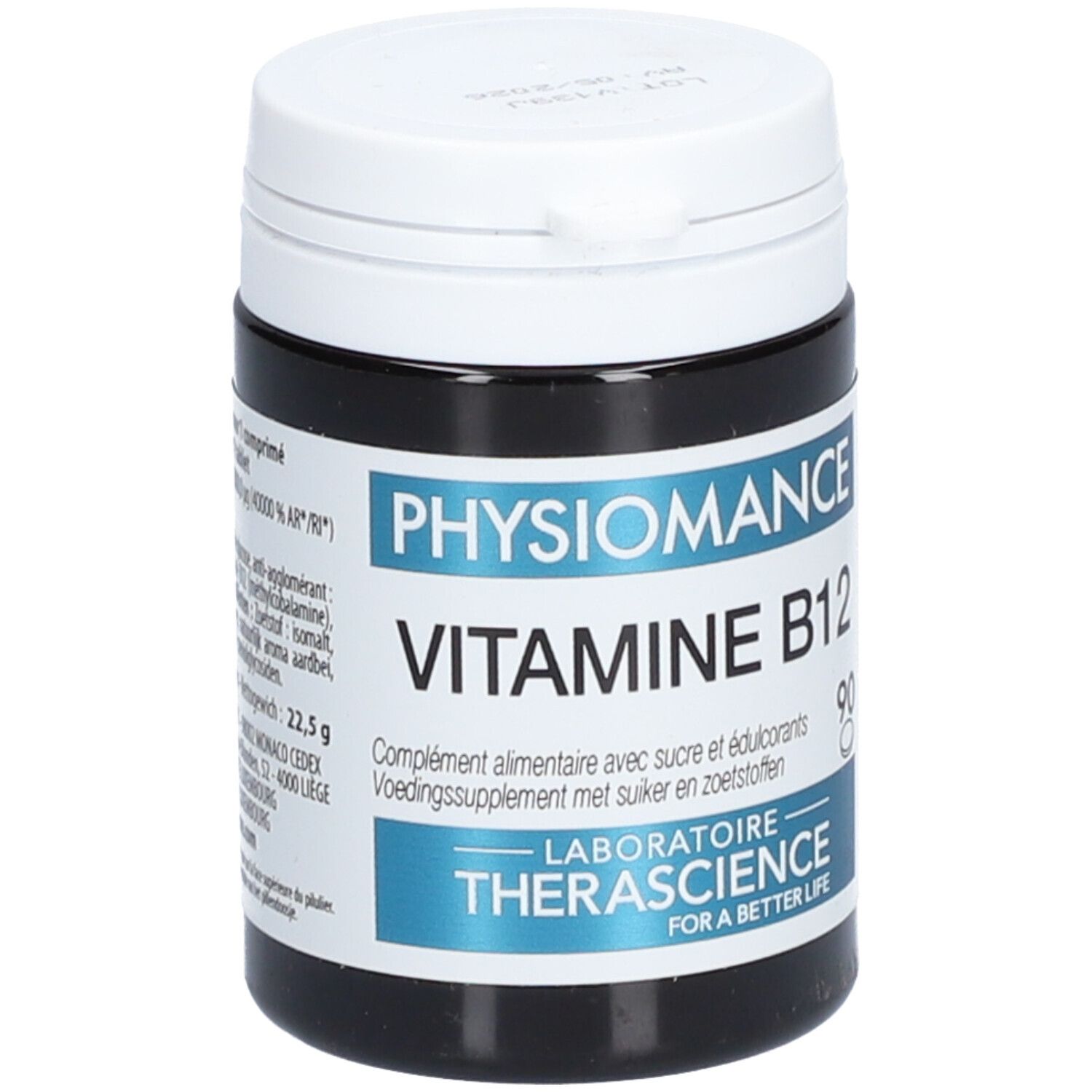 Boîte noire avec couvercle blanc. Inscription: PHYSIOMANCE VITAMINE B12. Contient 90 comprimés. Laboratoire Therascience.