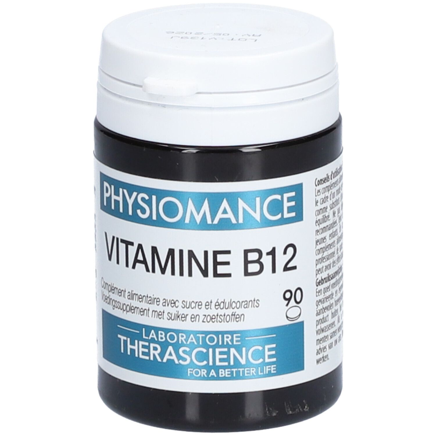 Boîte noire avec couvercle blanc. Inscription: PHYSIOMANCE VITAMINE B12. Contient 90 comprimés. Laboratoire Therascience.