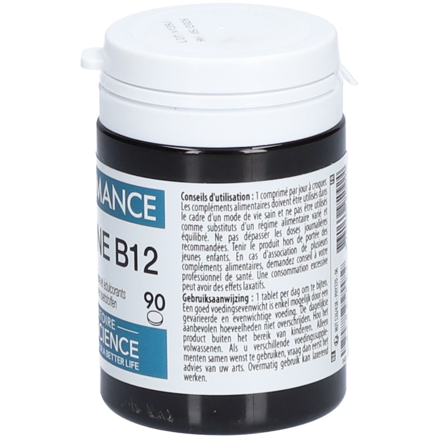 Boîte noire avec couvercle blanc. Inscription: PHYSIOMANCE VITAMINE B12. Contient 90 comprimés. Laboratoire Therascience. Mode d'emploi.