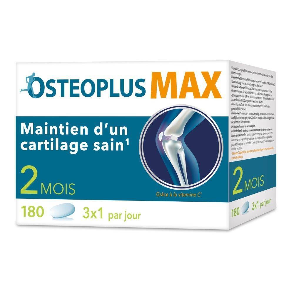 Boîte Osteoplus MAX. Contient 180 comprimés. Inscription: 2 mois, Glucosamine, Chondroïtine, MSM, Vitamine C.