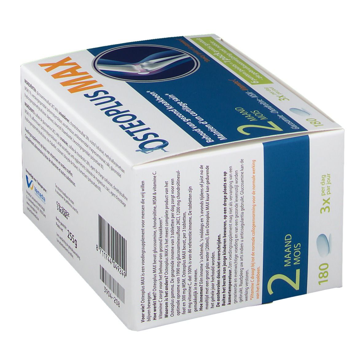 Boîte Osteoplus MAX. Contient 180 comprimés. Inscription: 2 mois, Glucosamine, Chondroïtine, MSM, Vitamine C.