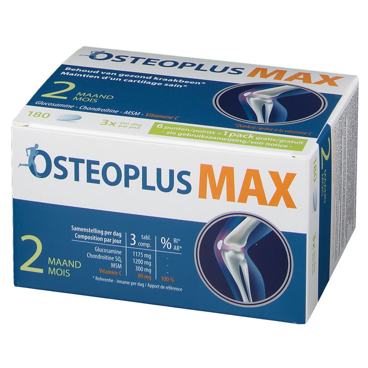 Couple dansant. Texte: Peut être répété toute l'année. Boîte Osteoplus MAX.