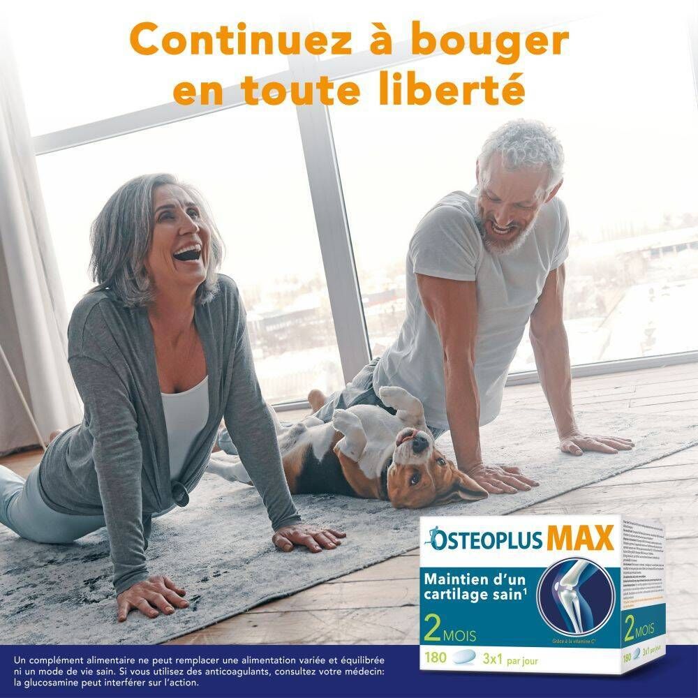 Femme et homme font du yoga. Chien à côté. Boîte Osteoplus MAX.