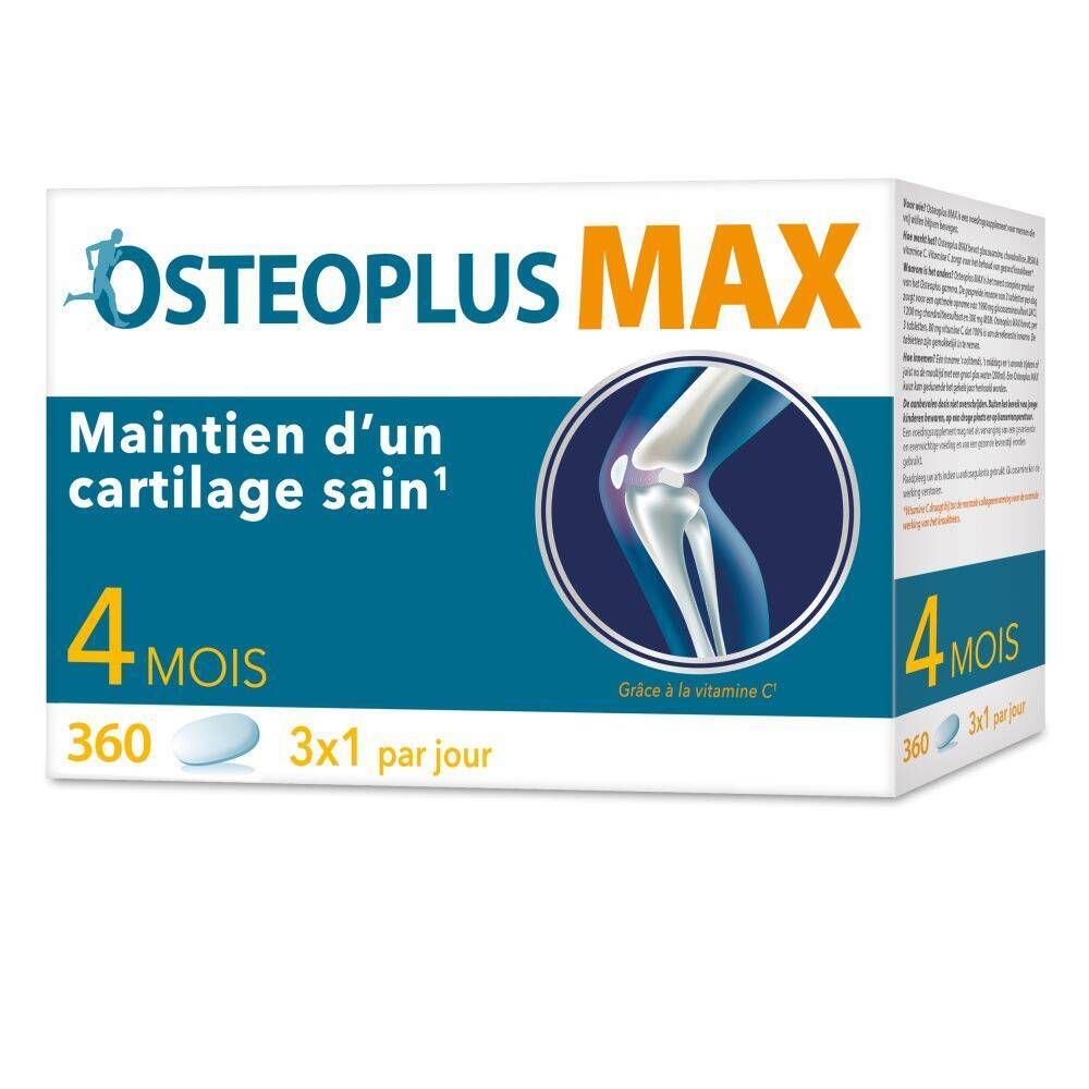 Boîte Osteoplus MAX. Contient 360 comprimés. Inscription : 4 mois, Glucosamine, Chondroïtine, MSM, Vitamine C.