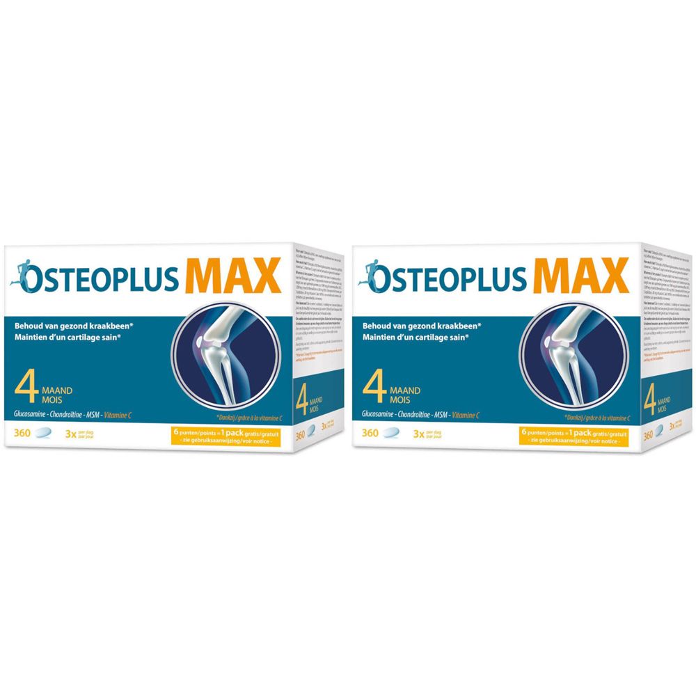 Deux boîtes Osteoplus MAX. Chacune contient 360 comprimés. Inscription : 4 mois, Glucosamine, Chondroïtine, MSM, Vitamine C.