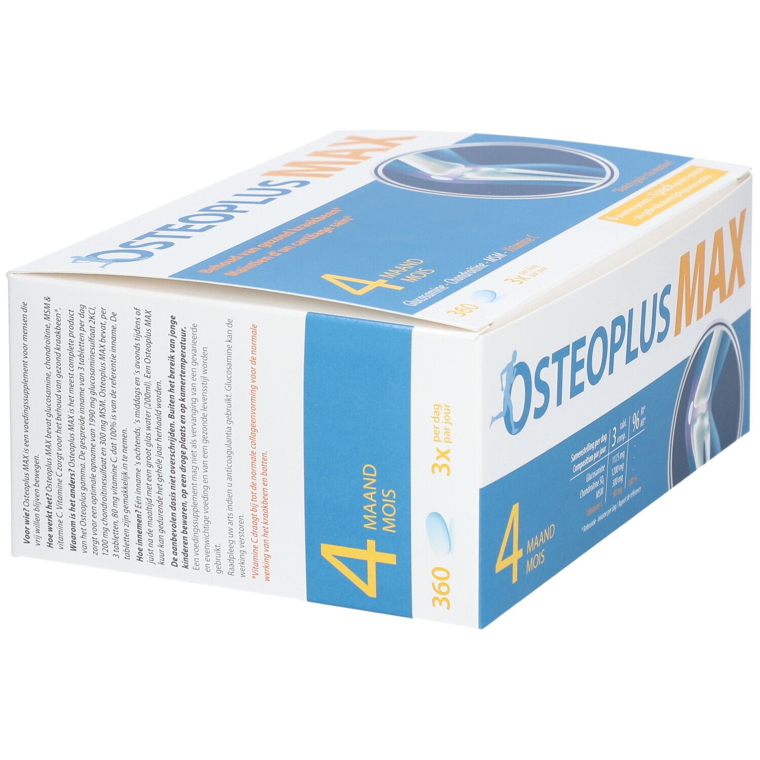 Boîte Osteoplus MAX. Contient 360 comprimés. Inscription : 4 mois, Glucosamine, Chondroïtine, MSM, Vitamine C. Informations produit.