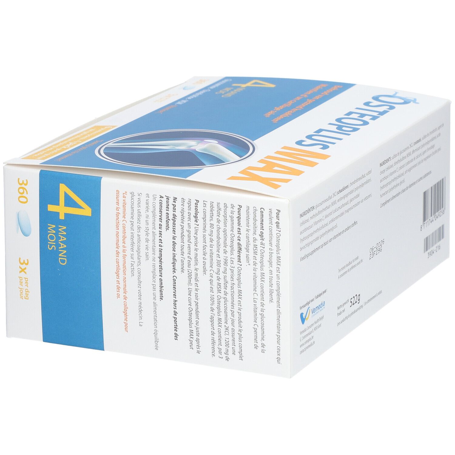 Boîte Osteoplus MAX. Contient 360 comprimés. Inscription : 4 mois, Glucosamine, Chondroïtine, MSM, Vitamine C. Informations produit.