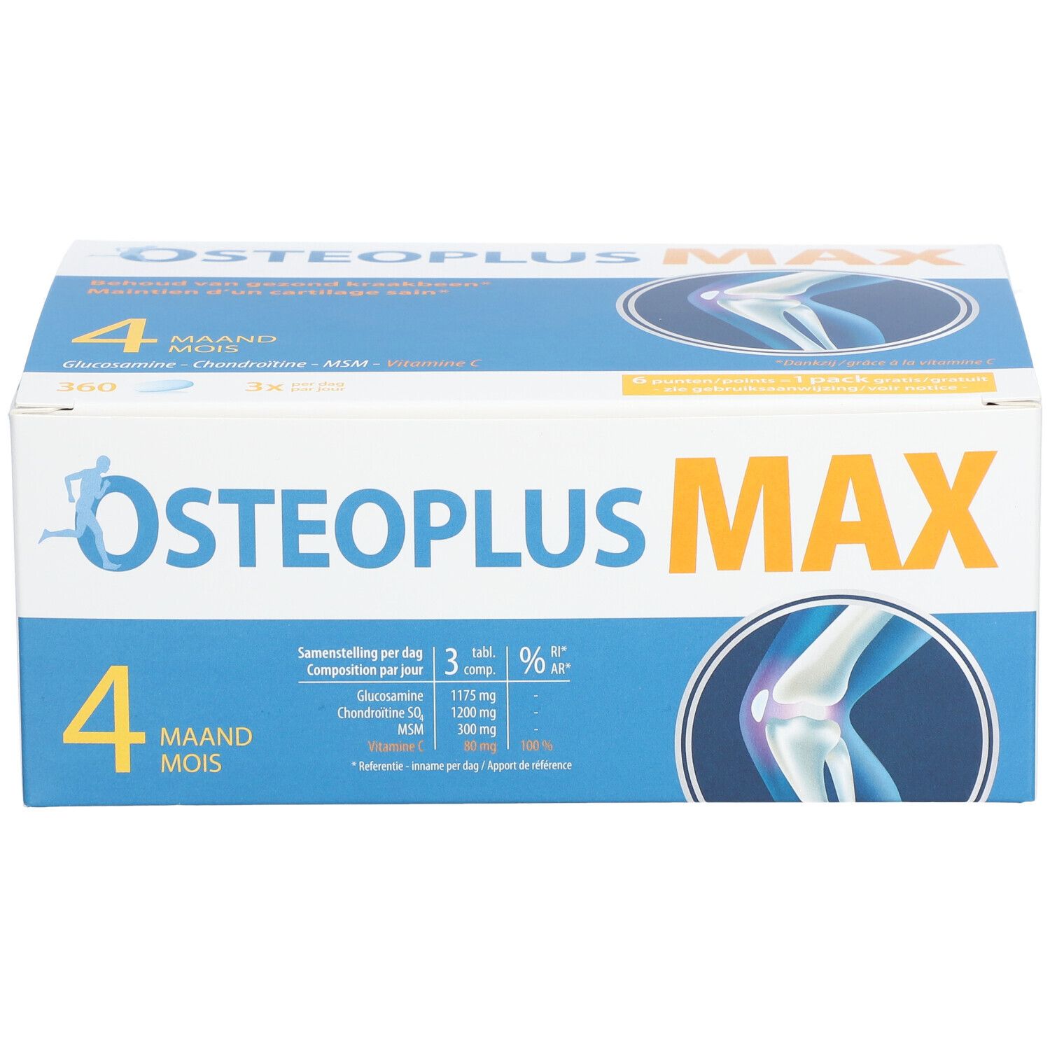 Boîte Osteoplus MAX. Contient 360 comprimés. Inscription : 4 mois, Glucosamine, Chondroïtine, MSM, Vitamine C. Informations produit.