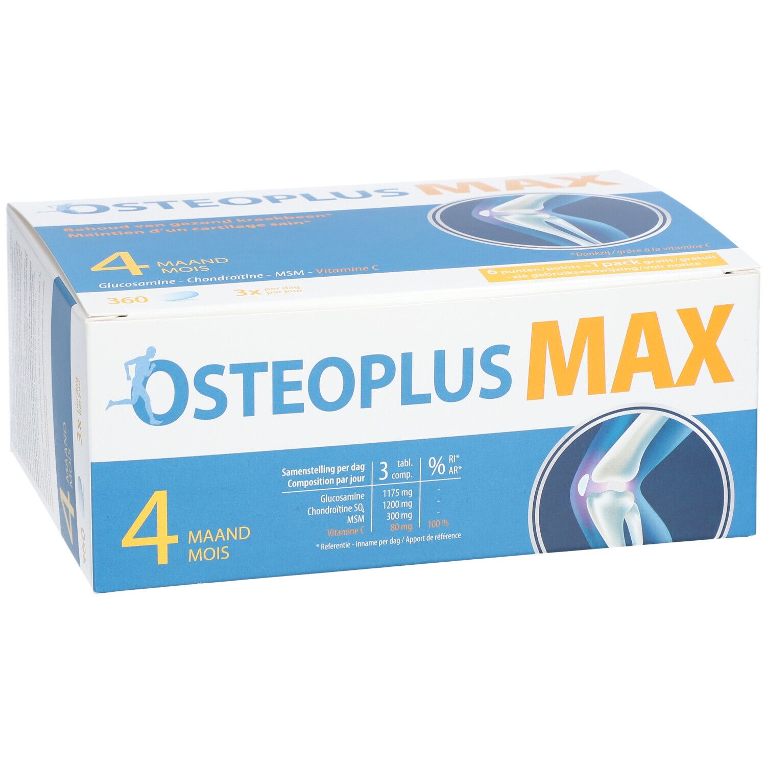 Boîte Osteoplus MAX. Contient 360 comprimés. Inscription : 4 mois, Glucosamine, Chondroïtine, MSM, Vitamine C. Informations produit.