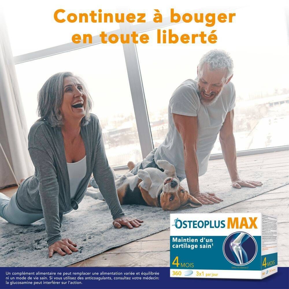 Illustration : Couple de personnes âgées faisant du yoga. Boîte Osteoplus MAX en arrière-plan.