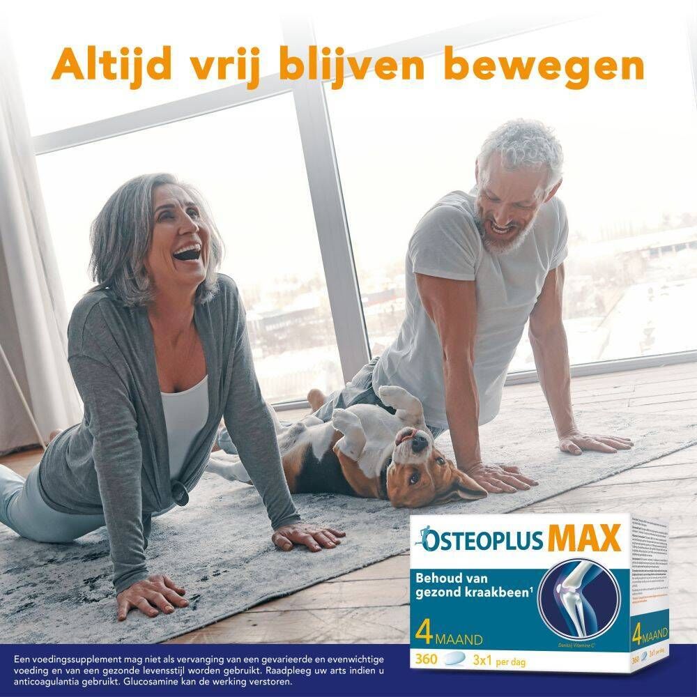 Illustratie: Ouder echtpaar doet yoga. Osteoplus MAX-verpakking op de achtergrond.