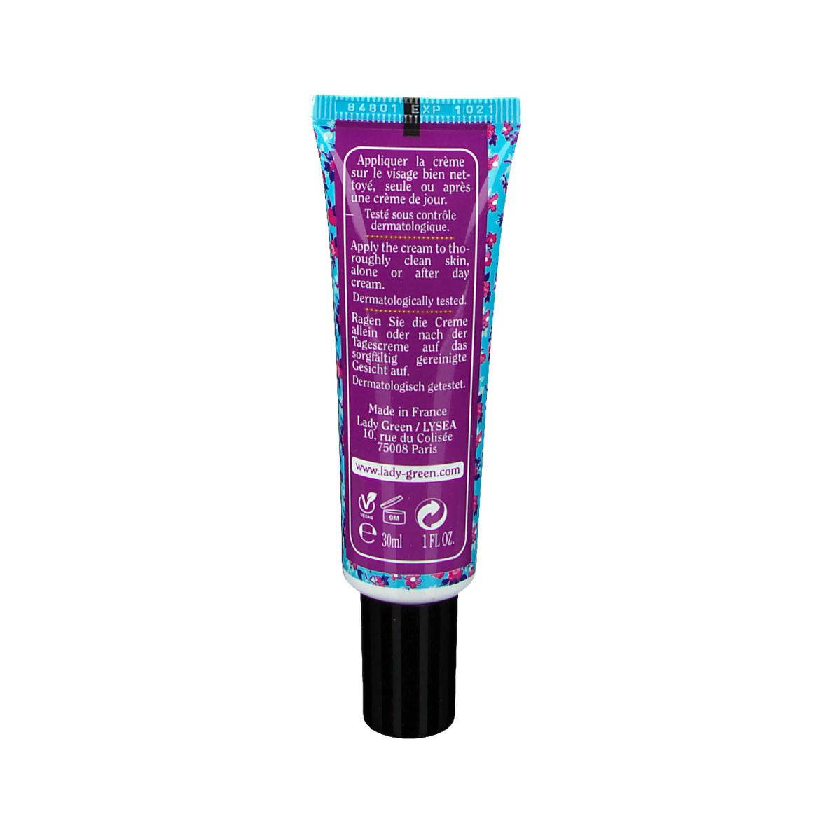 Dos du tube de crème BB. Texte multilingue. Ingrédients, instructions d'utilisation. Certification Bio. Fabriqué en France.