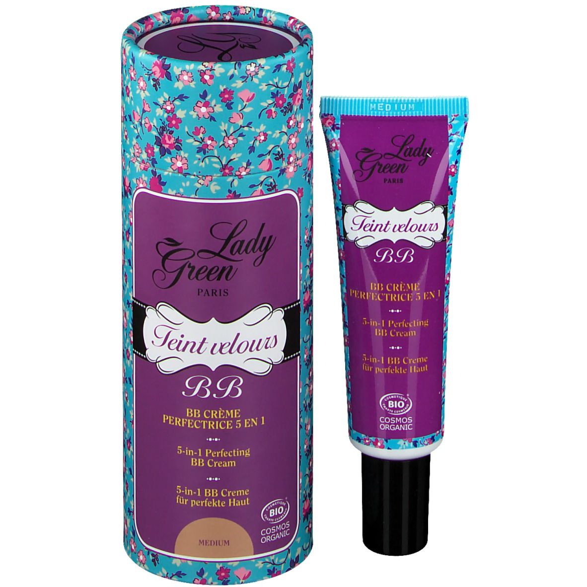 Tube et emballage de crème BB. Tube: Lady Green, Teint velours, BB Crème Perfectrice 5 en 1. Medium. Certification Bio. Emballage cylindrique.
