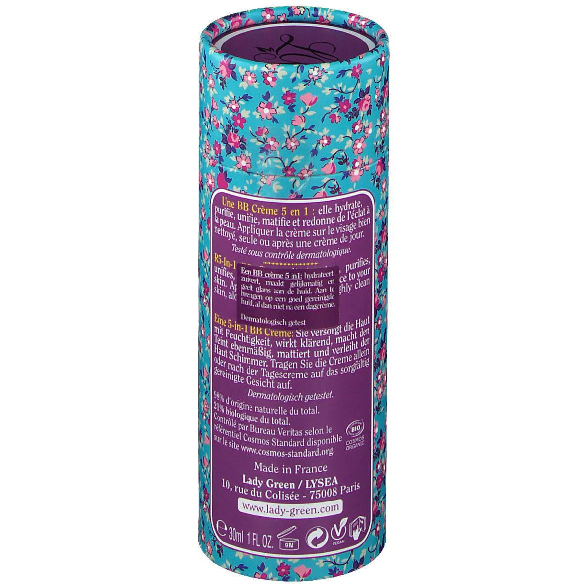Emballage cylindrique. Dos avec texte. Ingrédients, instructions d'utilisation. Certification Bio. Fabriqué en France. Turquoise à motifs floraux.