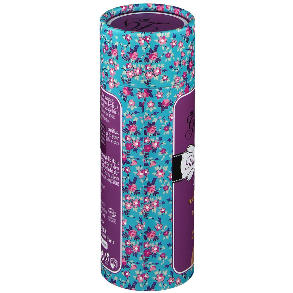 Emballage cylindrique. Turquoise à motifs floraux. Inscription: Lady Green, Teint velours, BB Crème Perfectrice 5 en 1. Certification Bio.