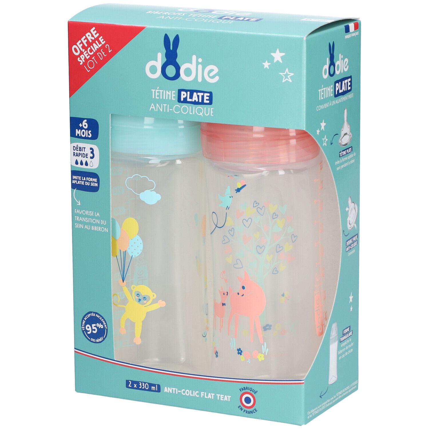 Verpackung mit zwei Babyflaschen. Marke Dodie, Aufschrift 'Tétine Plate Anti-Colique'. Flaschen mit bunten Motiven und Deckeln.