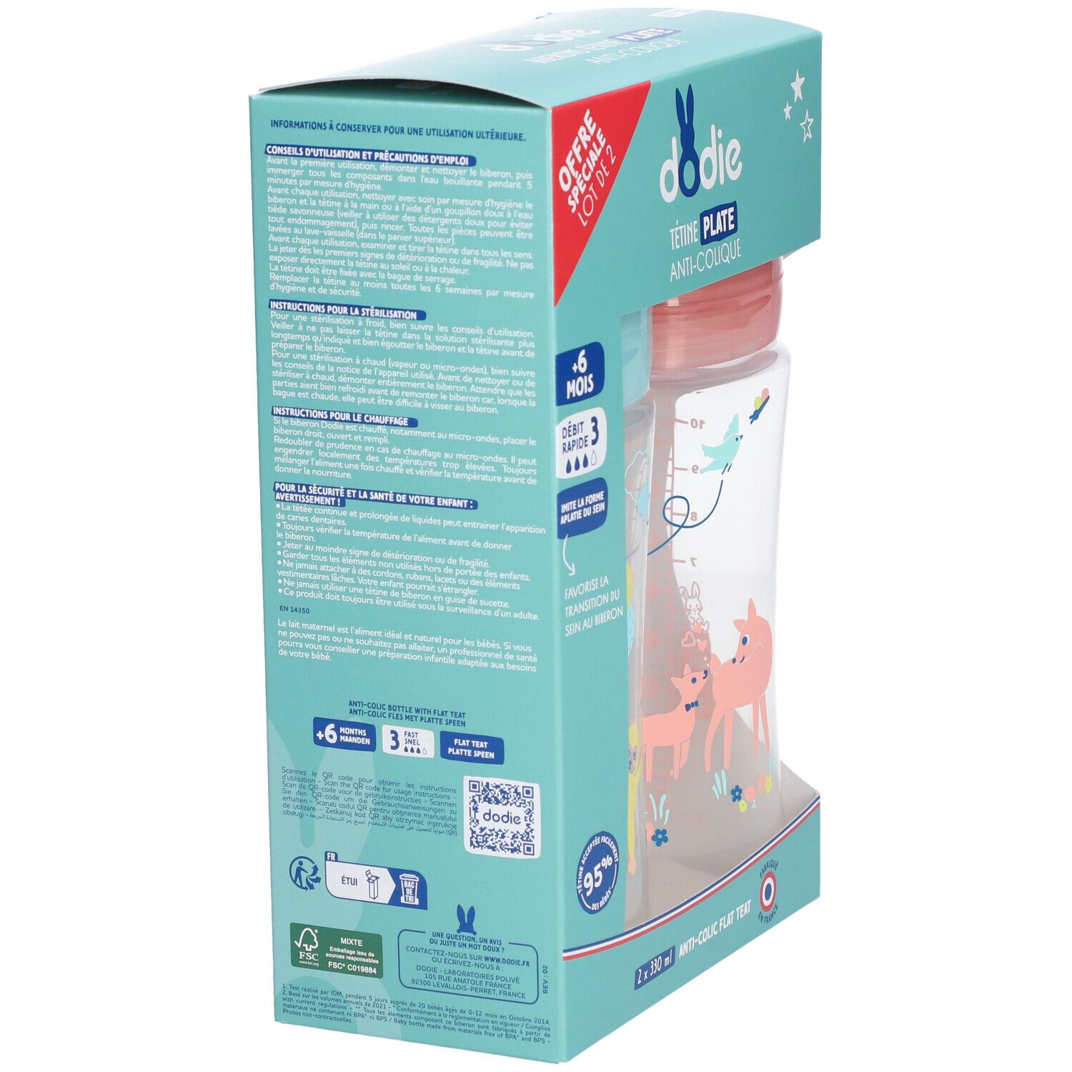 Verpackung von Dodie-Babyflaschen. Aufschrift 'Tétine Plate Anti-Colique'. Flasche mit rosa Deckel, Illustrationen und Text.