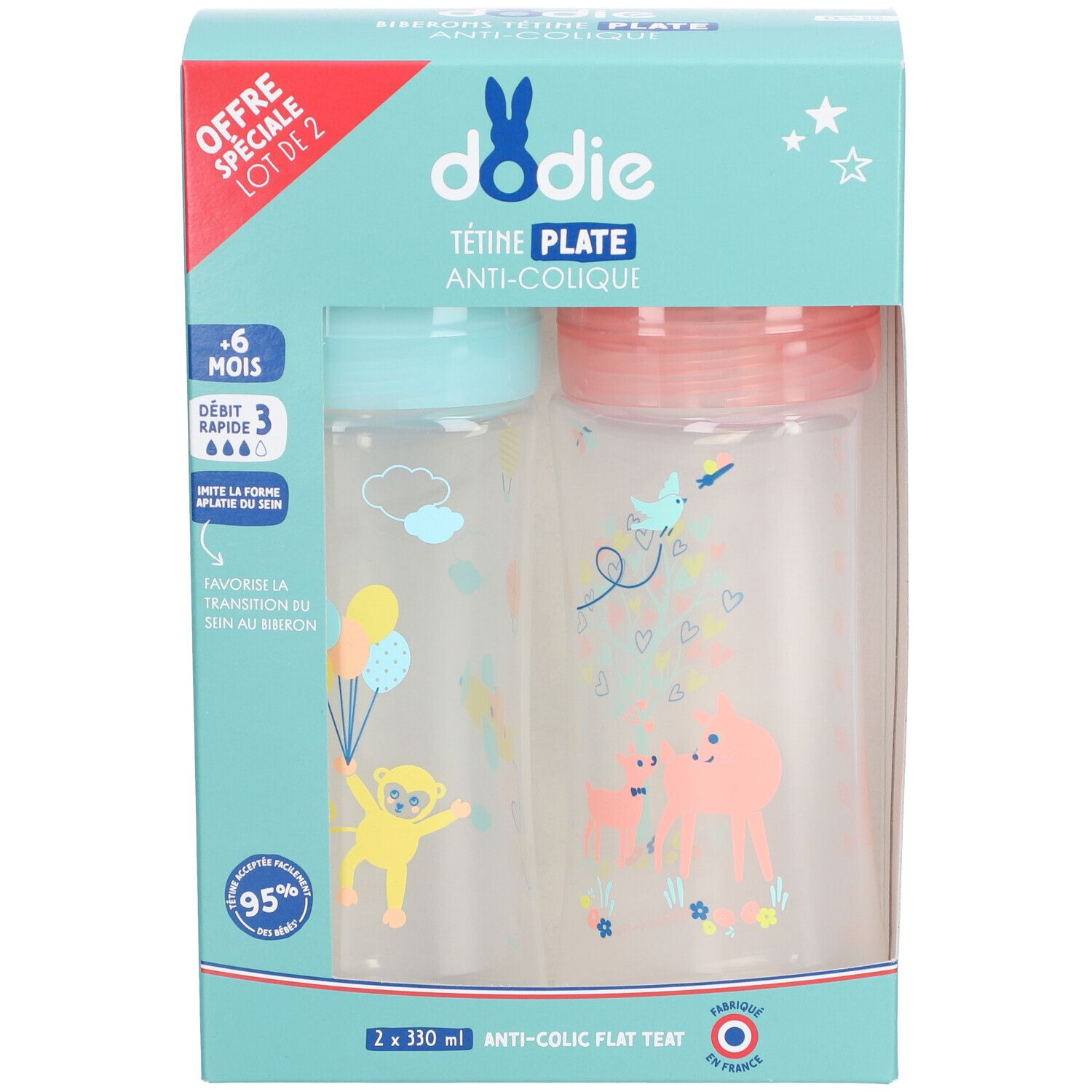 Verpackung mit zwei Babyflaschen. Marke Dodie, Aufschrift 'Tétine Plate Anti-Colique'. Flaschen mit bunten Motiven und Deckeln.