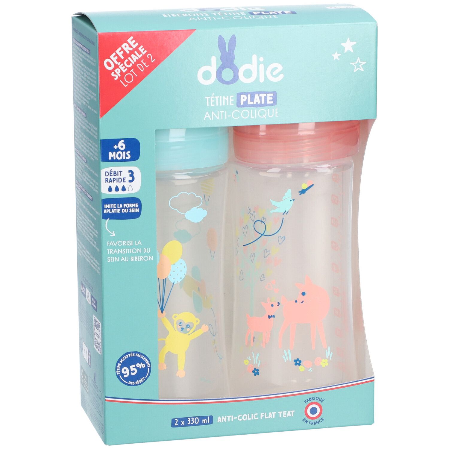 Verpackung mit zwei Babyflaschen. Marke Dodie, Aufschrift 'Tétine Plate Anti-Colique'. Flaschen mit bunten Motiven und Deckeln.