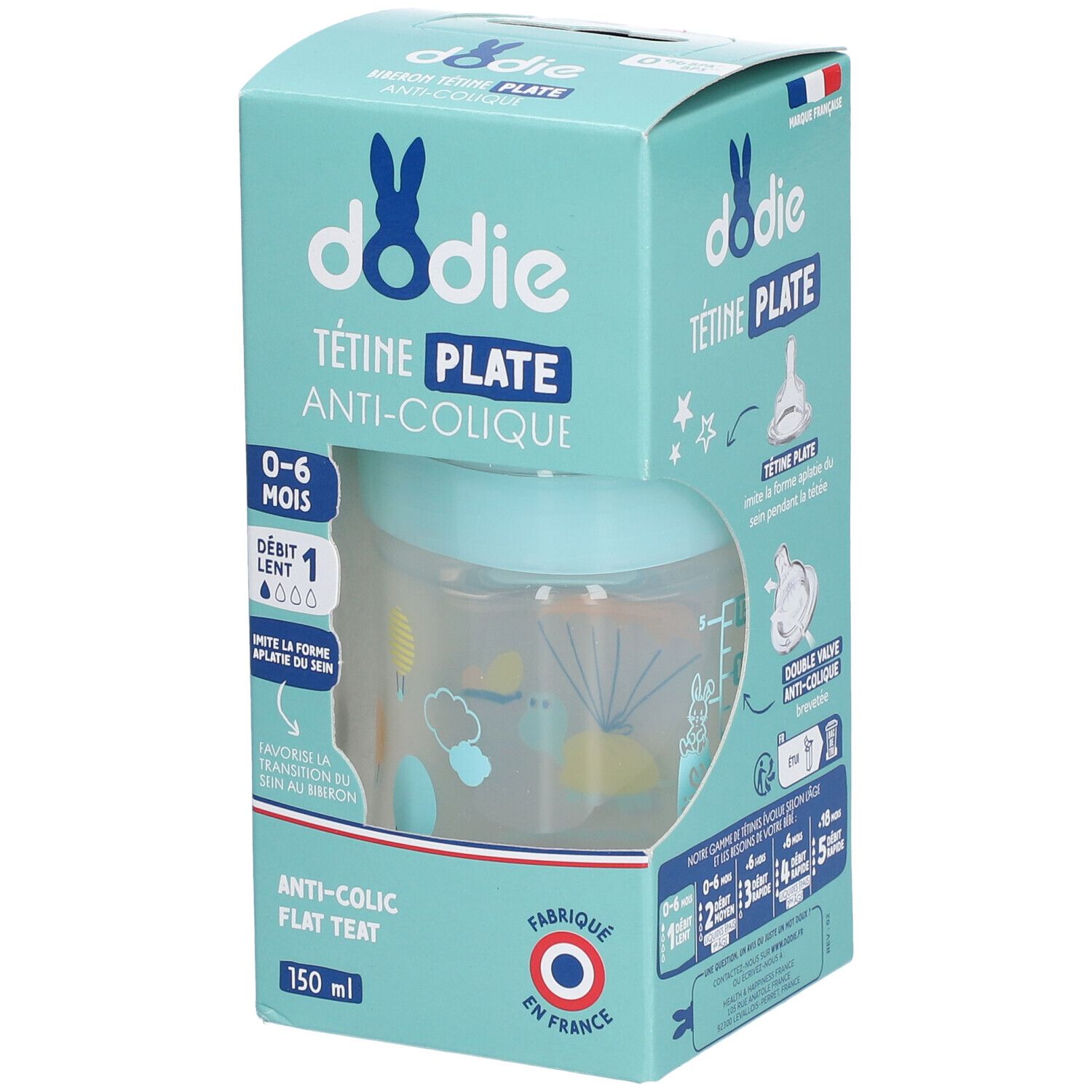 Babyflasche in Verpackung. Marke Dodie, Modell Tétine Plate. Anti-Kolik-Funktion. 0-6 Monate. 150 ml. Hergestellt in Frankreich.