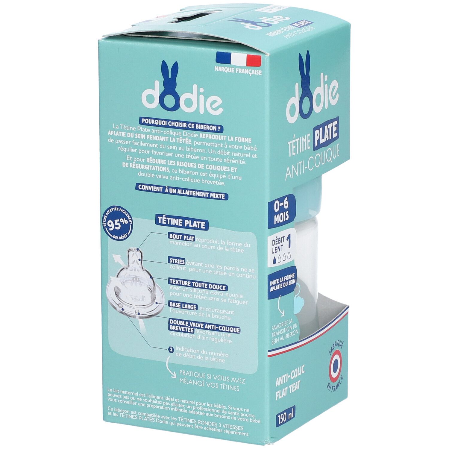 Verpackung der Babyflasche Dodie Tétine Plate. Anti-Kolik-Funktion. Details zur Form des Saugers, 95% Akzeptanz. Hergestellt in Frankreich.
