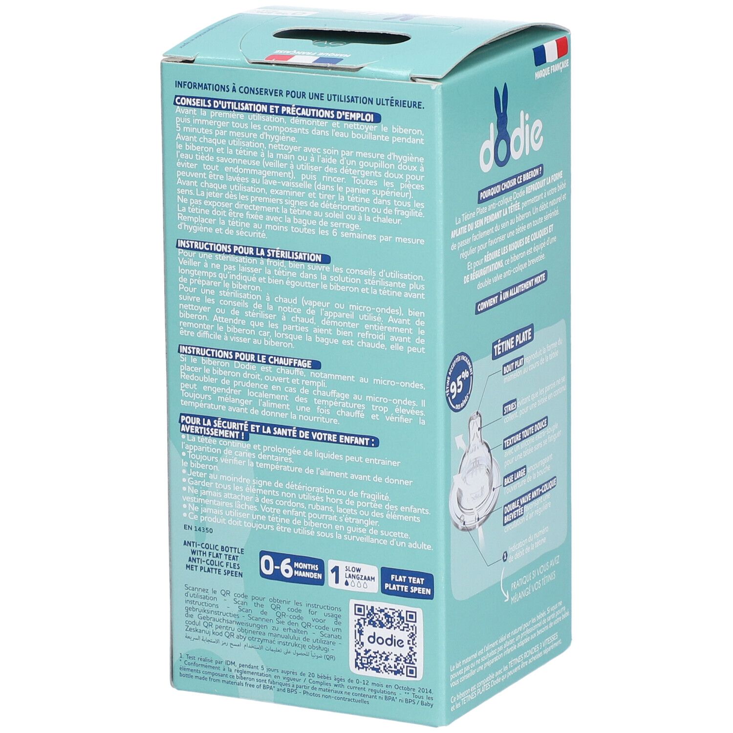 Rückseite der Babyflaschenverpackung Dodie Tétine Plate. Gebrauchsanweisungen, Sterilisationshinweise, Warnhinweise. Hergestellt in Frankreich.