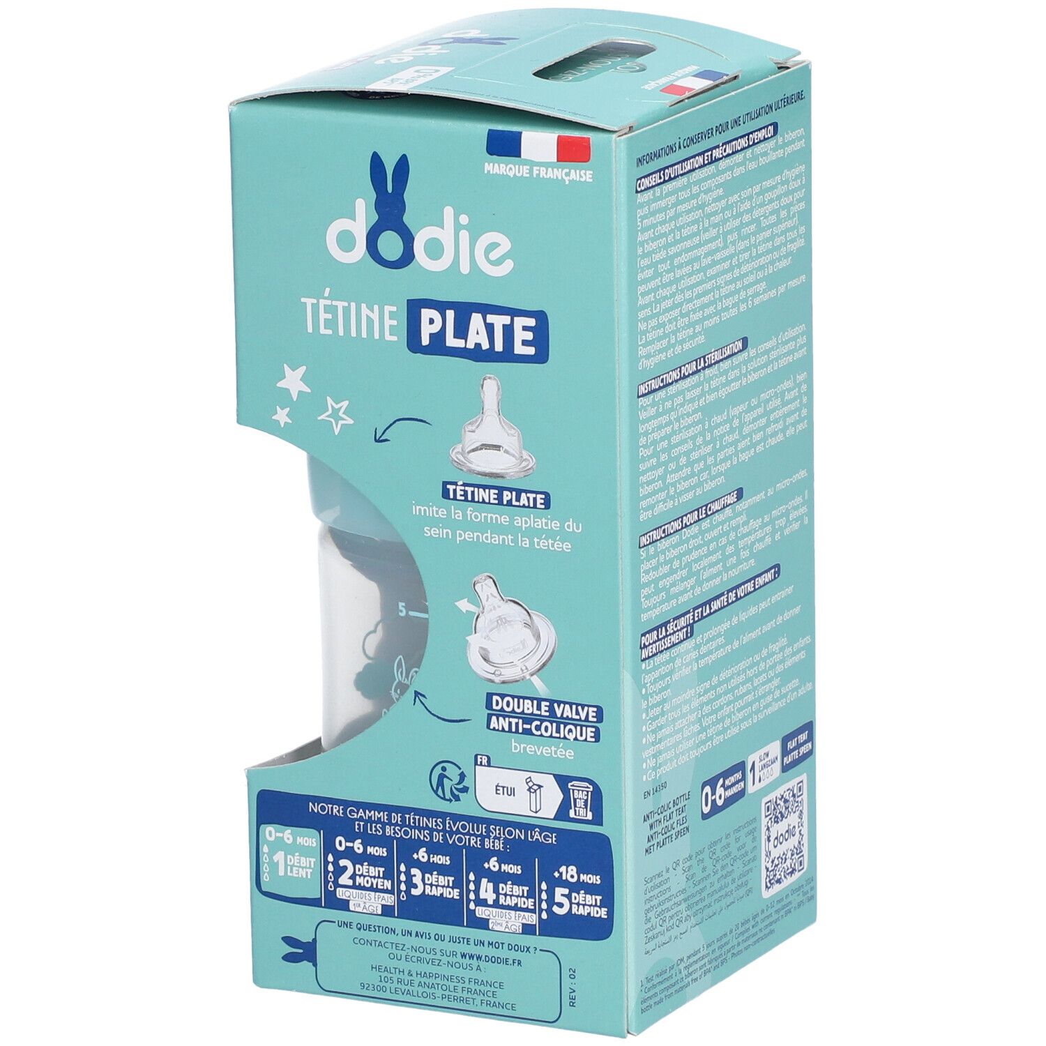 Verpackung der Babyflasche Dodie Tétine Plate. Anti-Kolik-Funktion. Details zur Form des Saugers. Hergestellt in Frankreich.