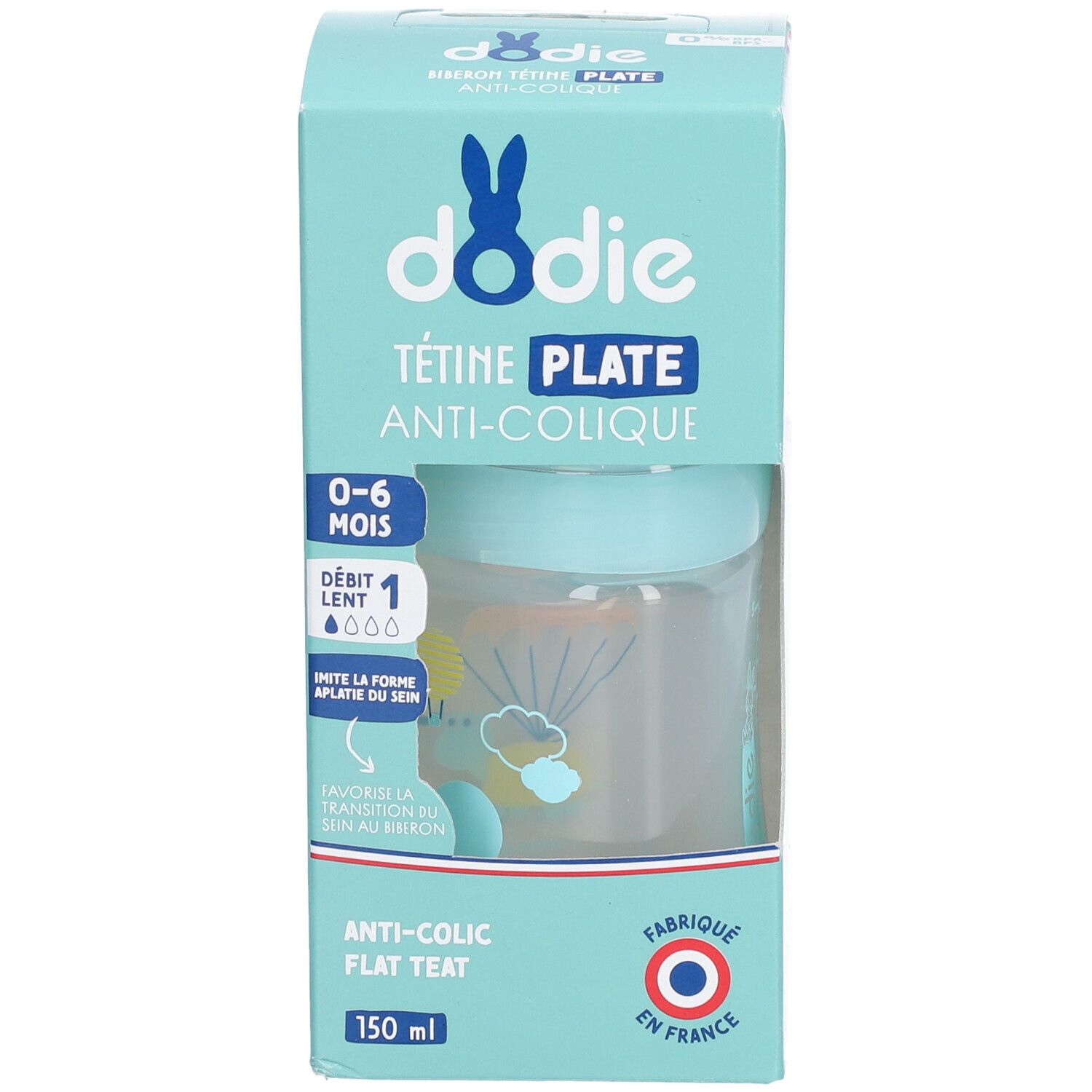 Babyflasche in Verpackung. Marke Dodie, Modell Tétine Plate. Anti-Kolik-Funktion. 0-6 Monate. 150 ml. Hergestellt in Frankreich.