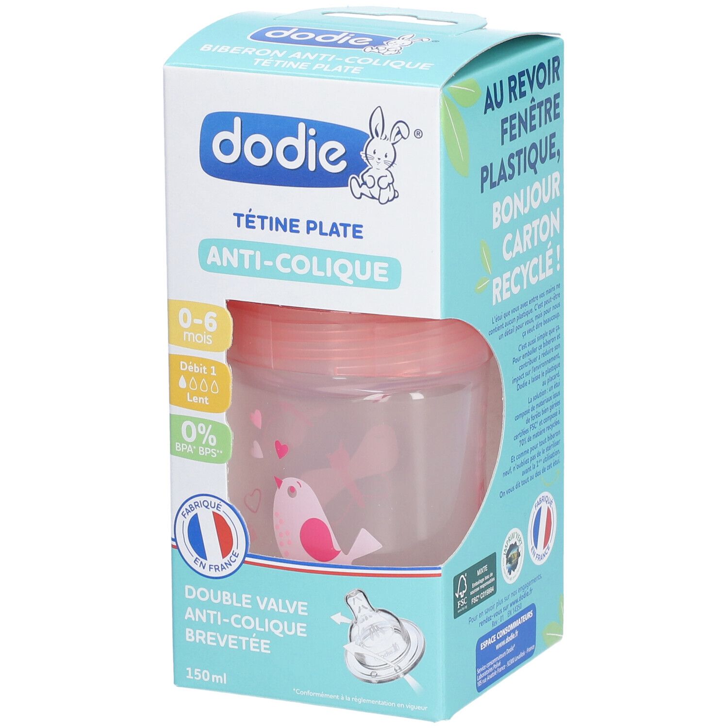 Biberon Dodie, tétine plate, anti-colique, 0-6 mois, débit 1. Emballage avec informations produit et logo Dodie.