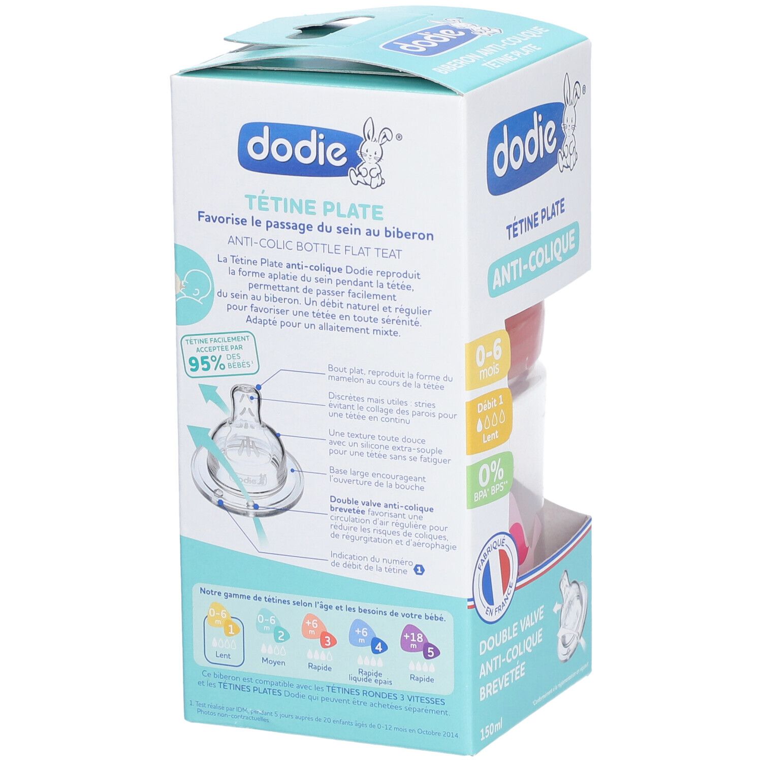 Biberon Dodie, tétine plate, anti-colique, 0-6 mois, débit 1. Emballage avec informations produit et logo Dodie.