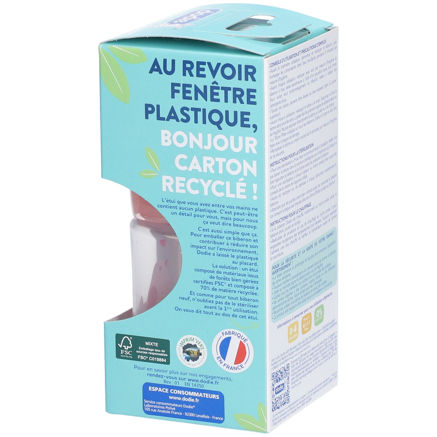 Dos de l'emballage Dodie. Texte sur les avantages du biberon et informations de recyclage. Logo FSC.